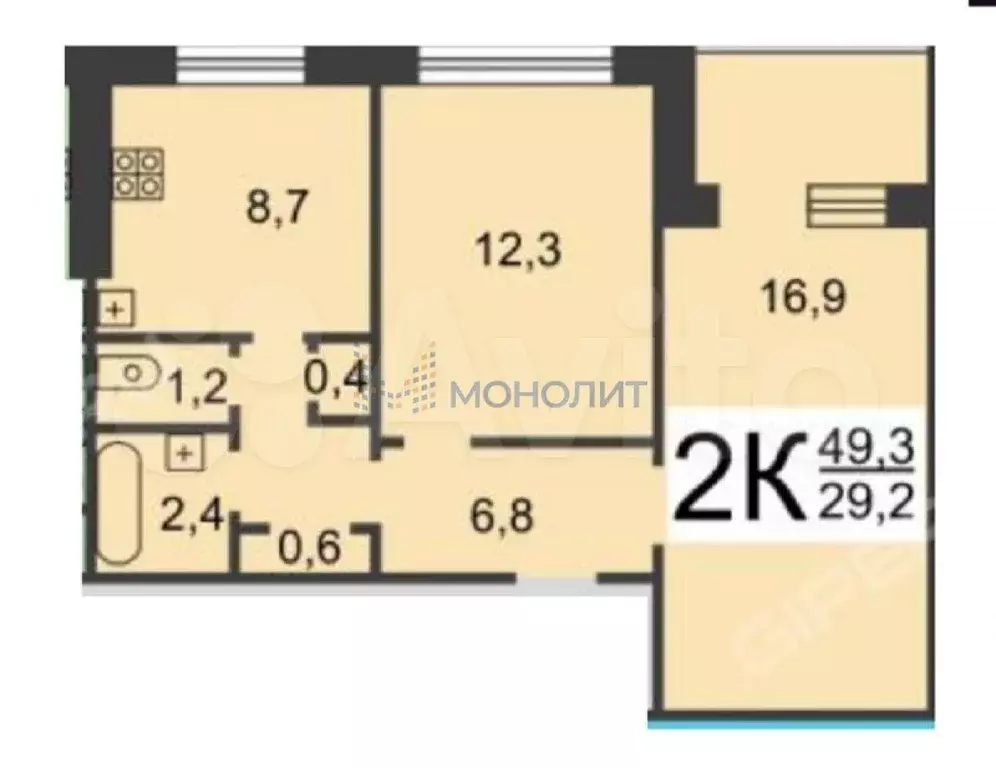 2-к. квартира, 49,3 м, 6/9 эт. - Фото 0