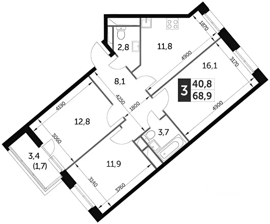 3-к кв. Московская область, Мытищи городской округ, пос. Нагорное ... - Фото 2