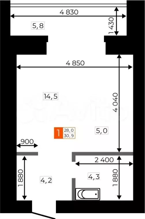 Квартира-студия, 30,9 м, 6/9 эт. - Фото 0