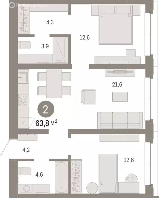 2-комнатная квартира: Тюмень, жилой комплекс На Минской (63.77 м) - Фото 1