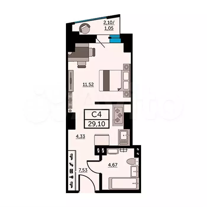 Квартира-студия, 28,8 м, 23/24 эт. - Фото 1