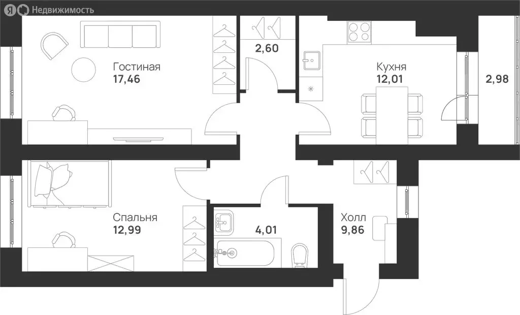 2-комнатная квартира: Тула, улица Героя России Зиничева, 7 (61.91 м) - Фото 1