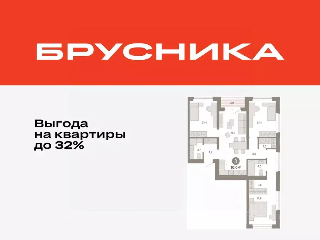 3-к кв. Тюменская область, Тюмень На Минской жилой комплекс (91.99 м) - Фото 1