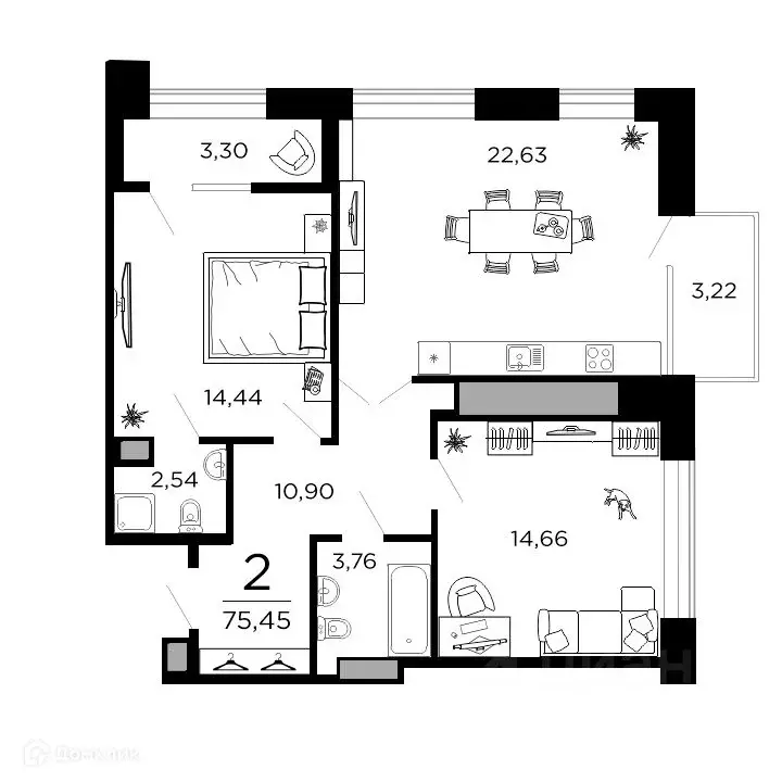 2-к кв. Рязанская область, Рязань ул. 1-я Железнодорожная (75.45 м) - Фото 1