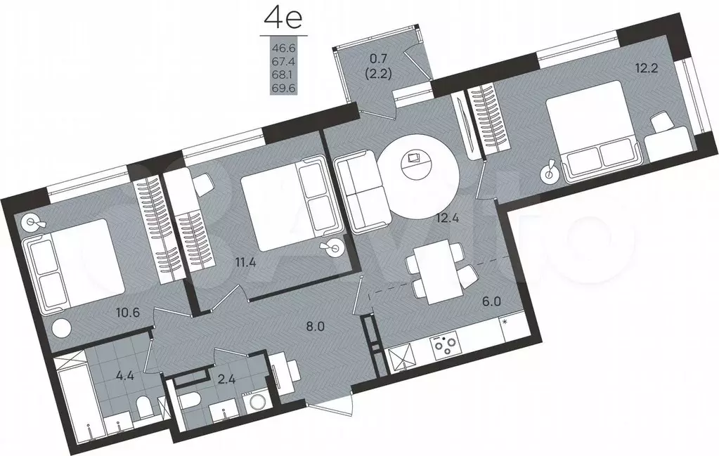 4-к. квартира, 68,1 м, 3/8 эт. - Фото 0