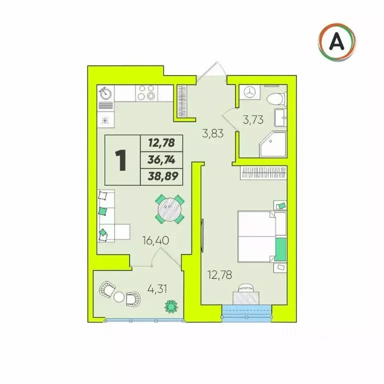 1-к кв. Калужская область, Калуга Зеленый жилой комплекс (38.89 м) - Фото 1