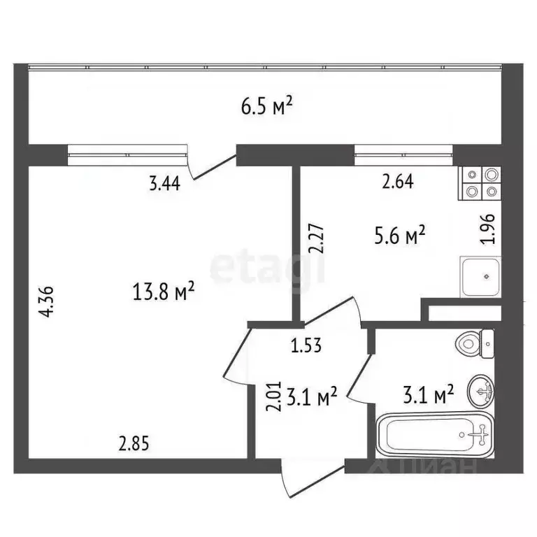 1-к кв. Томская область, Томск ул. Юрия Ковалева, 34 (28.8 м) - Фото 2