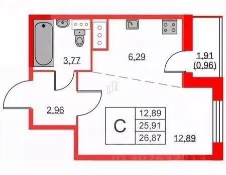 Студия Санкт-Петербург ул. Русановская, 20к1 (26.9 м) - Фото 1