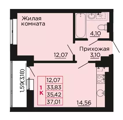 1-к квартира, 35.42 м - Фото 0