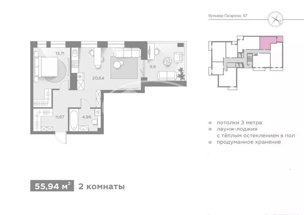 2-комнатная квартира: Пермь, бульвар Гагарина, 67 (55 м) - Фото 0