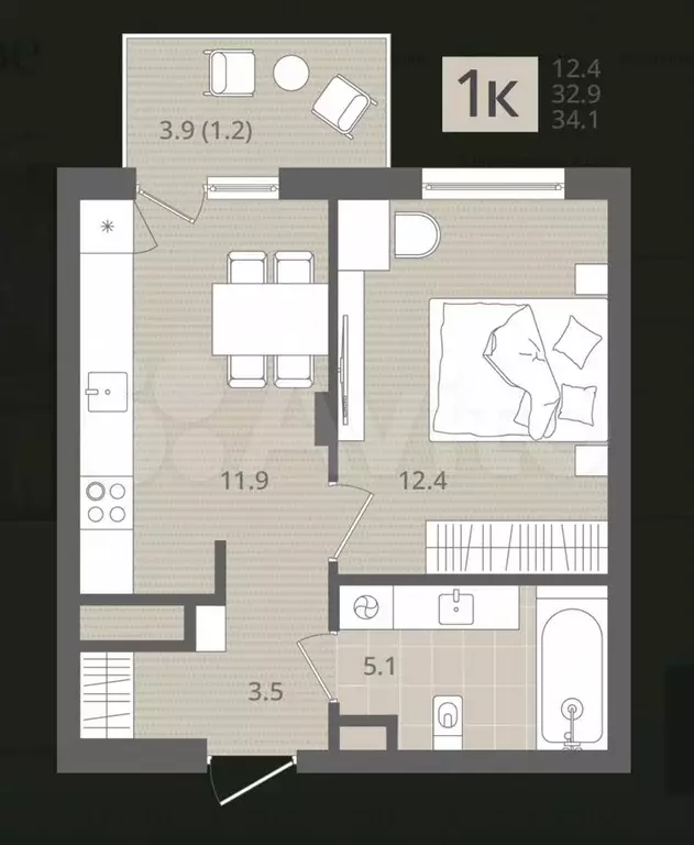 1-к. квартира, 34 м, 2/7 эт. - Фото 1