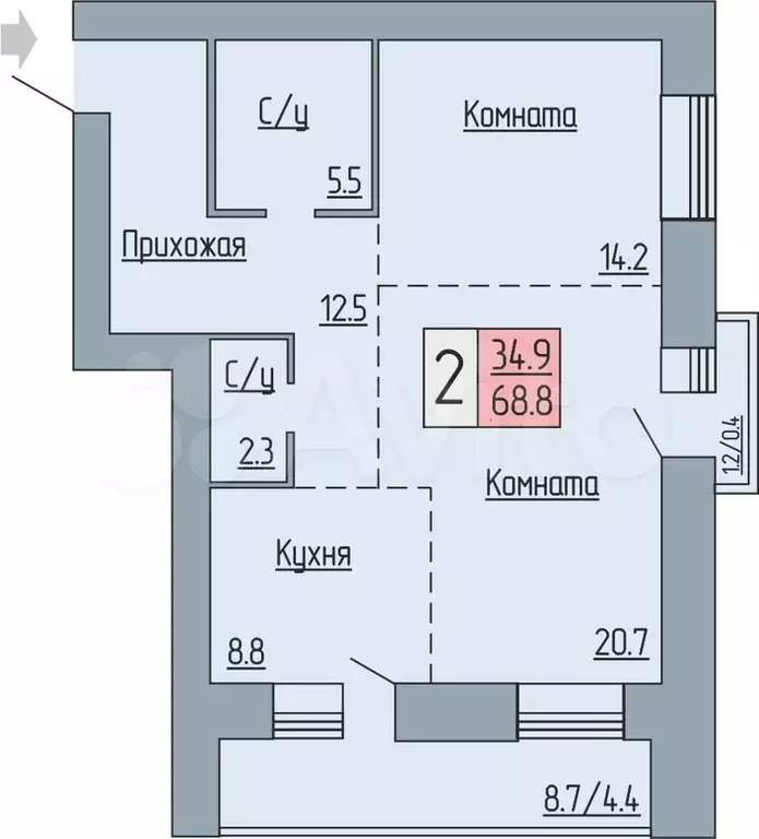 2-к. квартира, 68,8 м, 9/17 эт. - Фото 0