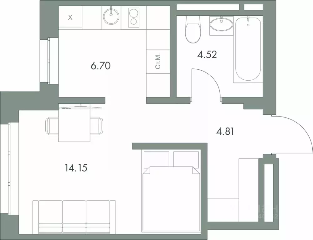 Студия Ханты-Мансийский АО, Сургут ул. Семена Билецкого, 15 (30.18 м) - Фото 1