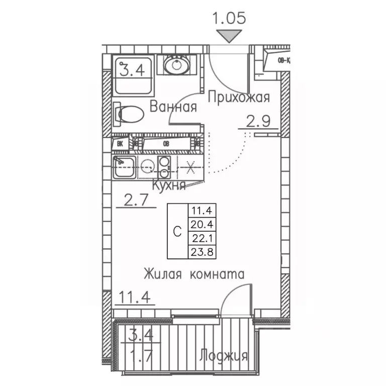 1-к кв. Приморский край, Владивосток ул. Расула Гамзатова, 7к1 (23.8 ... - Фото 0
