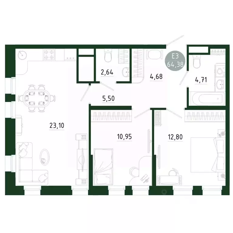 2-к кв. Тульская область, Тула Платон Парк жилой комплекс (64.38 м) - Фото 1