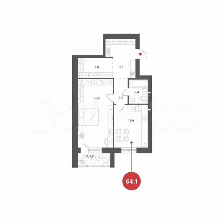 1-к. квартира, 64,1 м, 4/4 эт. - Фото 0