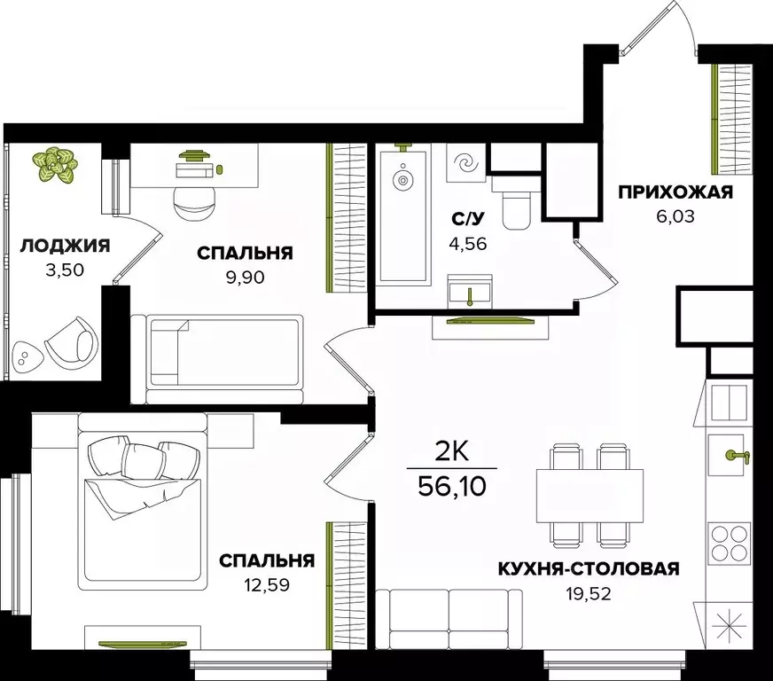 2-к кв. Тульская область, Тула  (56.1 м) - Фото 0
