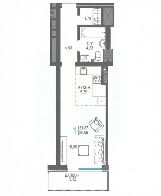 1-к кв. Крым, Ялта проезд Бакунинский, 13 (36.99 м) - Фото 2