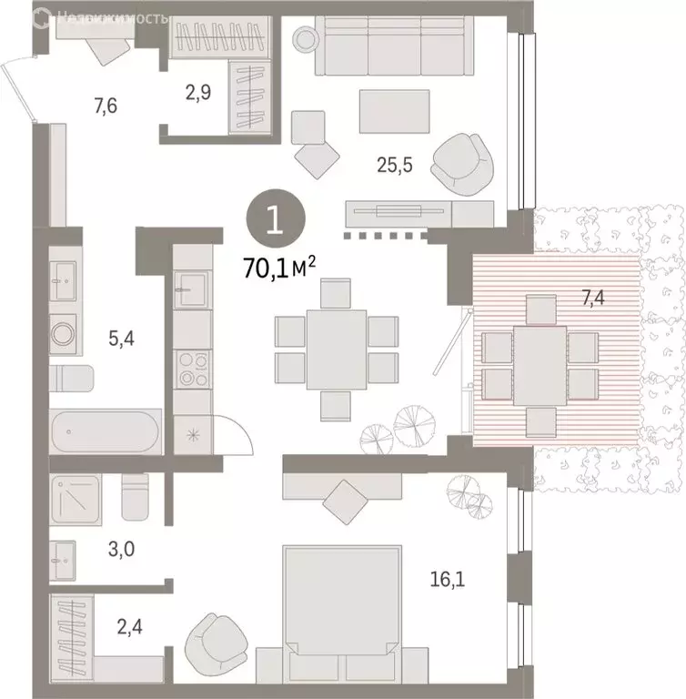 1-комнатная квартира: Тюмень, Мысовская улица, 26к1 (70.12 м) - Фото 0