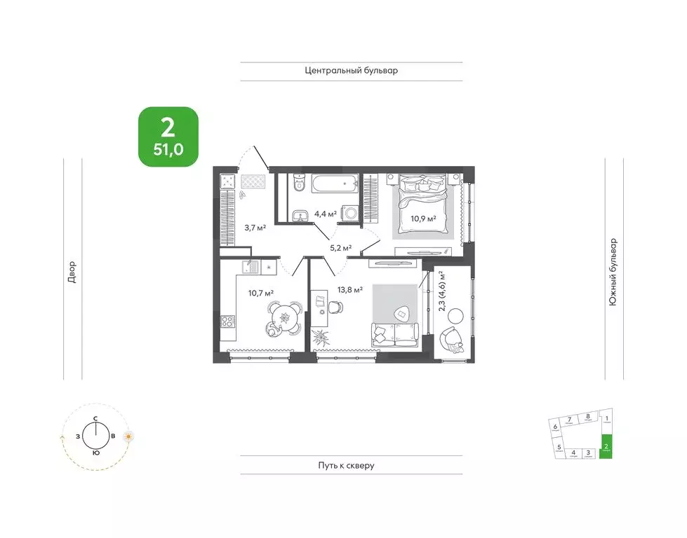 2-комнатная квартира: Новосибирск, улица Богдана Хмельницкого, 148 (51 ... - Фото 1