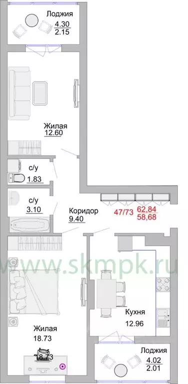 2-к кв. калининградская область, пионерский портовая ул, 5 (68.8 м) - Фото 0