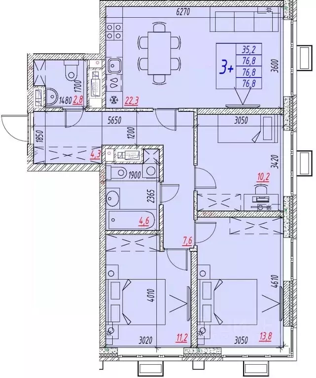 4-к кв. Астраханская область, Астрахань ул. Бэра, 29 (76.8 м) - Фото 1