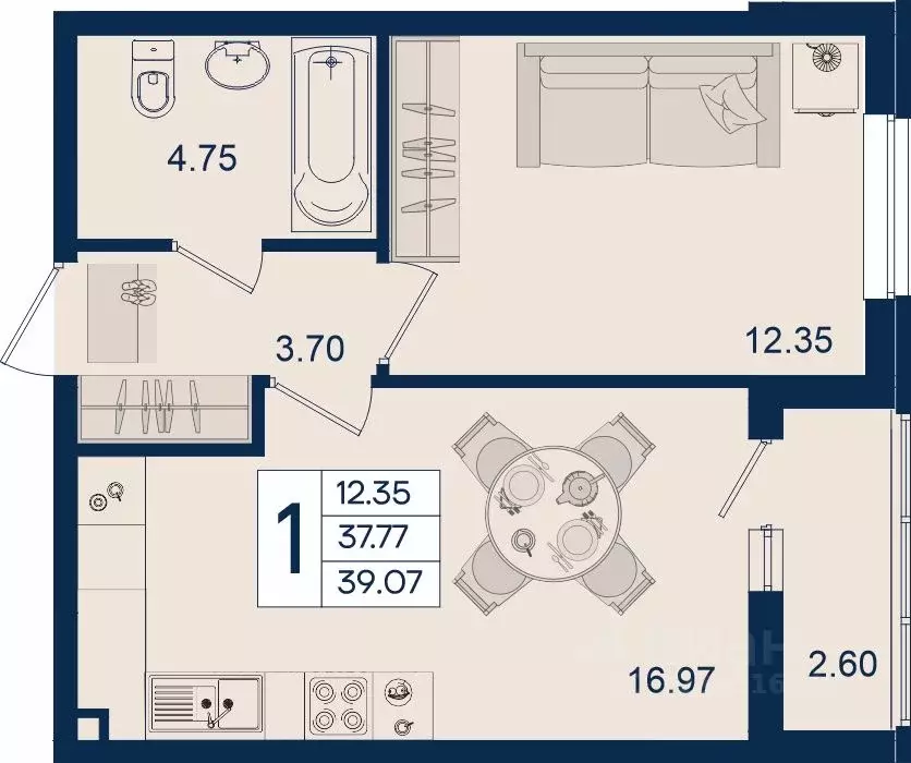 1-к кв. Краснодарский край, Краснодар  (39.07 м) - Фото 1