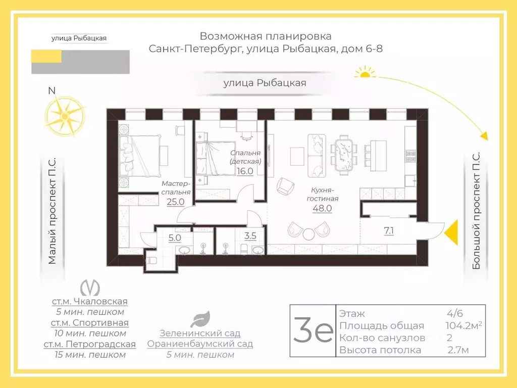 6-к кв. Санкт-Петербург Рыбацкая ул., 6-8 (104.2 м) - Фото 2