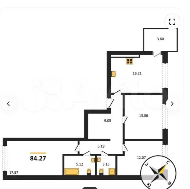 3-к. квартира, 84,3 м, 5/9 эт. - Фото 1