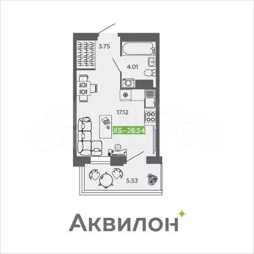 Квартира-студия, 26,5 м, 6/9 эт. - Фото 1