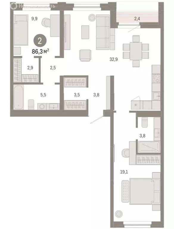 2-комнатная квартира: Тюмень, Мысовская улица, 26к2 (86.33 м) - Фото 1