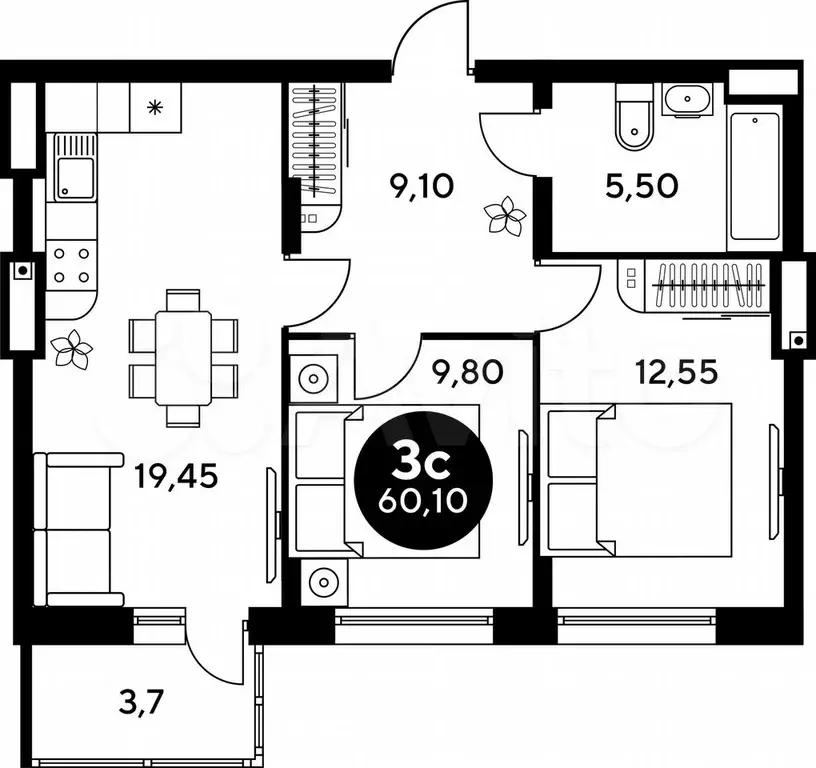 2-к. квартира, 60,1 м, 9/9 эт. - Фото 1