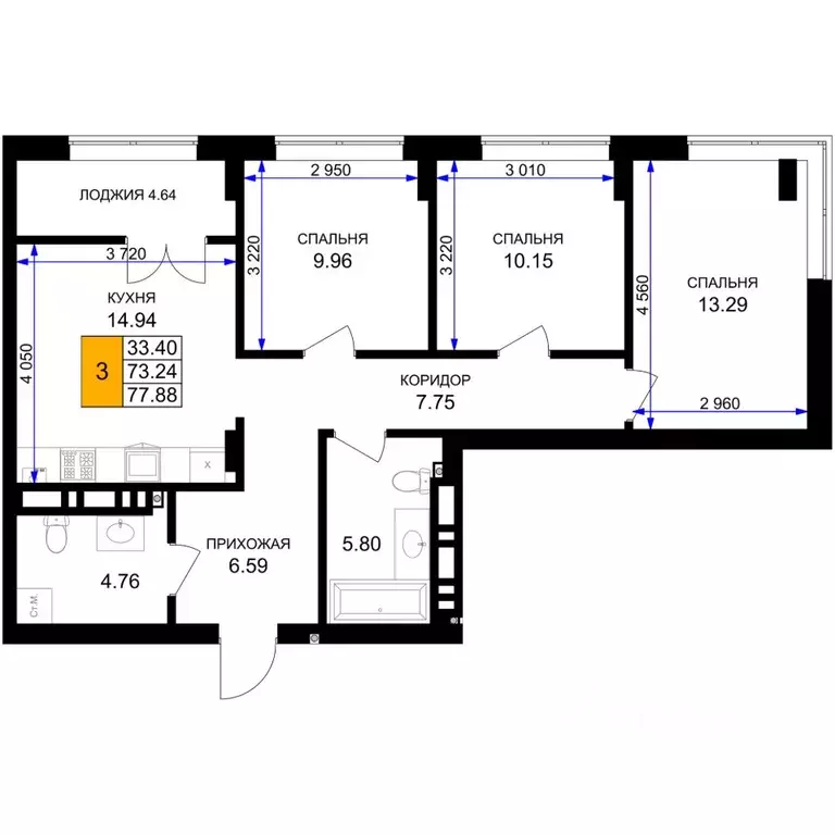 3-к кв. Калининградская область, Гурьевск Включи жилой комплекс (77.88 ... - Фото 1