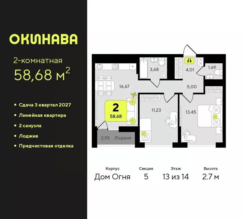 2-к кв. Тюменская область, Тюмень Окинава жилой комплекс (58.68 м) - Фото 0
