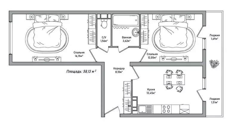 2-комнатная квартира: Ярославль, проспект Фрунзе, 56Д (58.13 м) - Фото 2