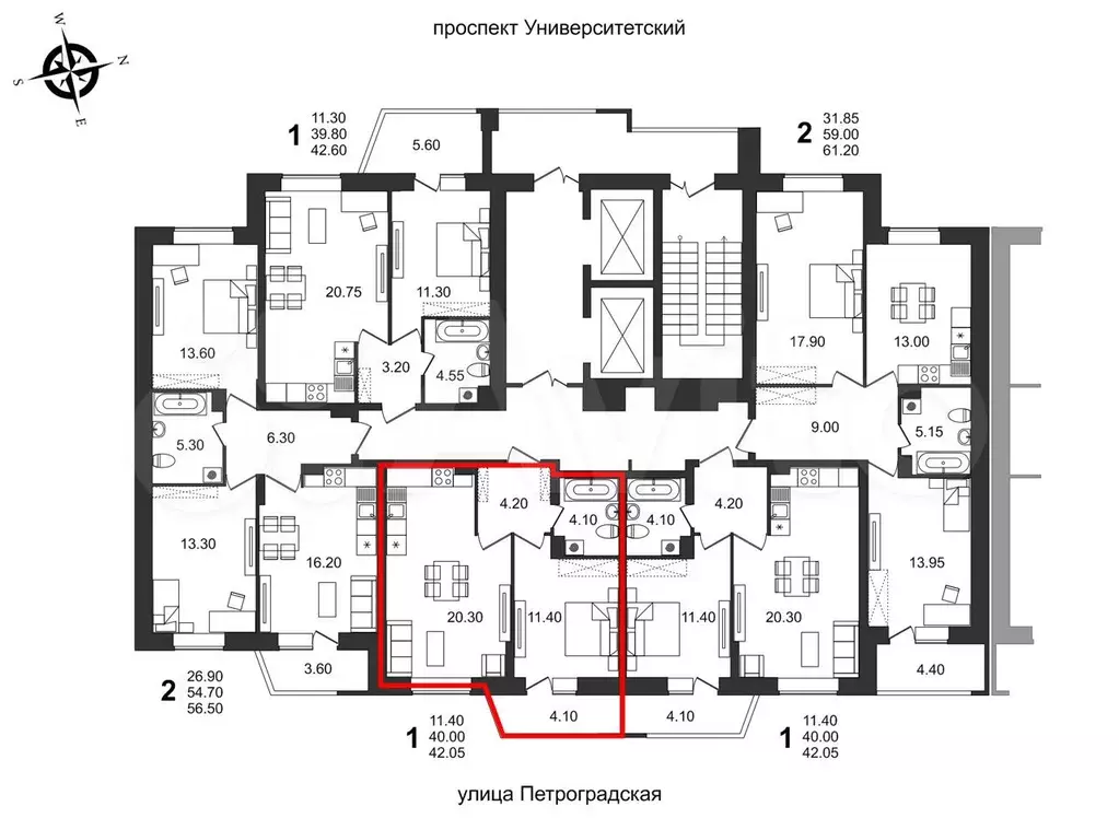 1-к. квартира, 42,1 м, 2/19 эт. - Фото 1