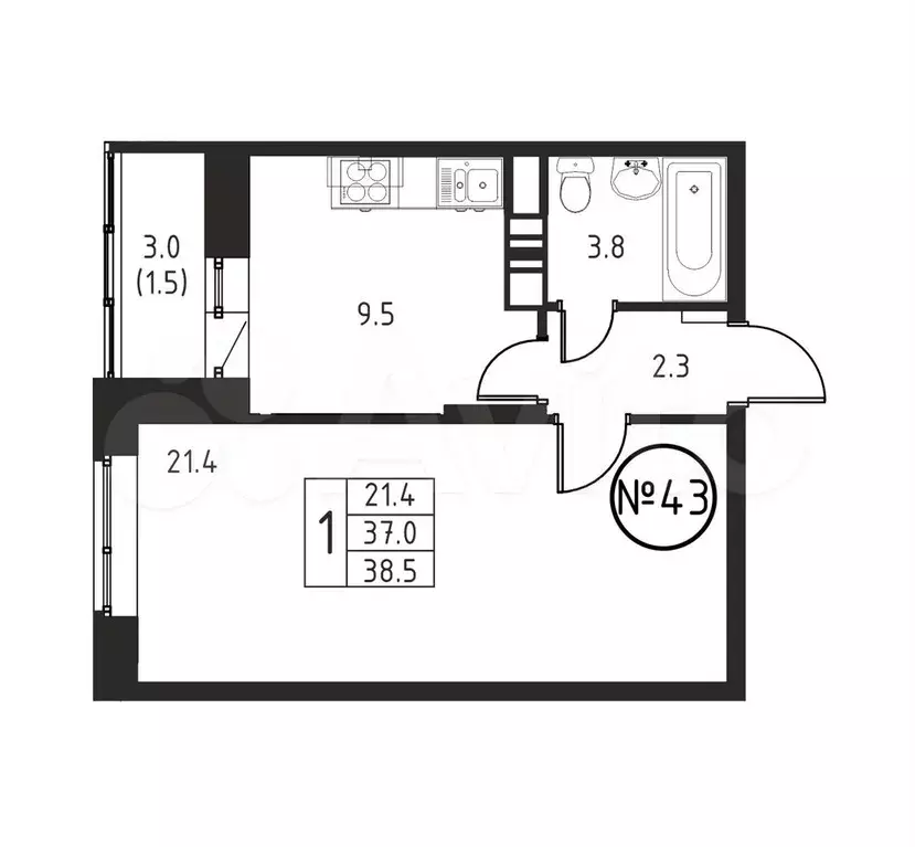 1-к. квартира, 38,5 м, 5/8 эт. - Фото 0