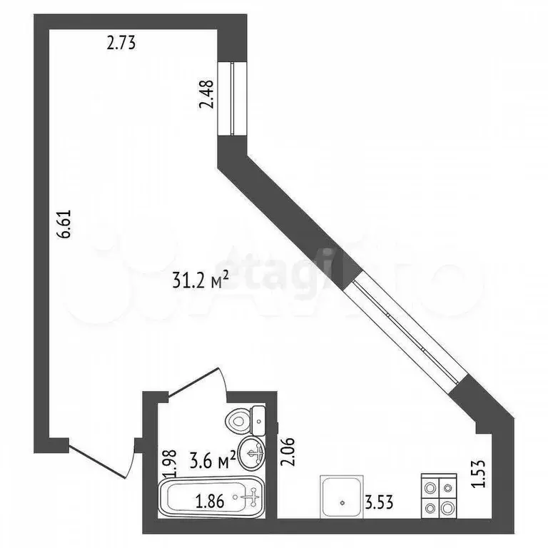 Квартира-студия, 34,8 м, 1/4 эт. - Фото 0