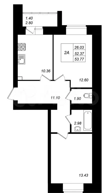 2-к. квартира, 53,8 м, 5/10 эт. - Фото 0