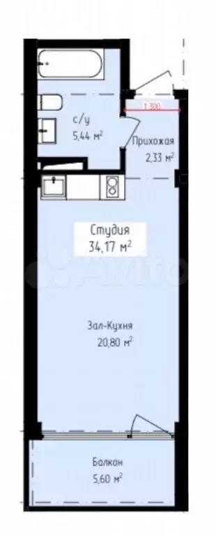 Апартаменты-студия, 34,2 м, 5/8 эт. - Фото 1