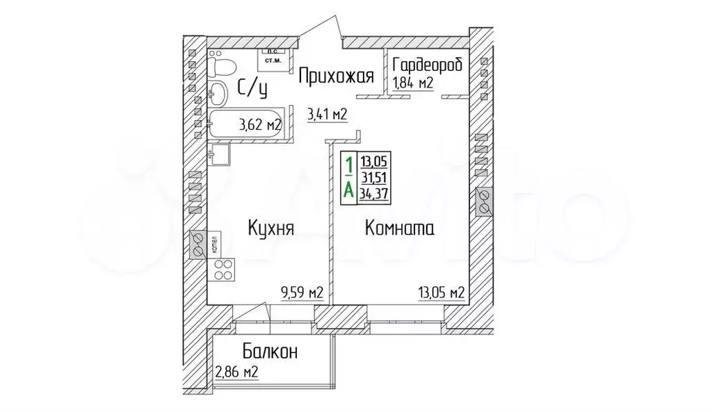 1-к. квартира, 34,4 м, 2/4 эт. - Фото 0