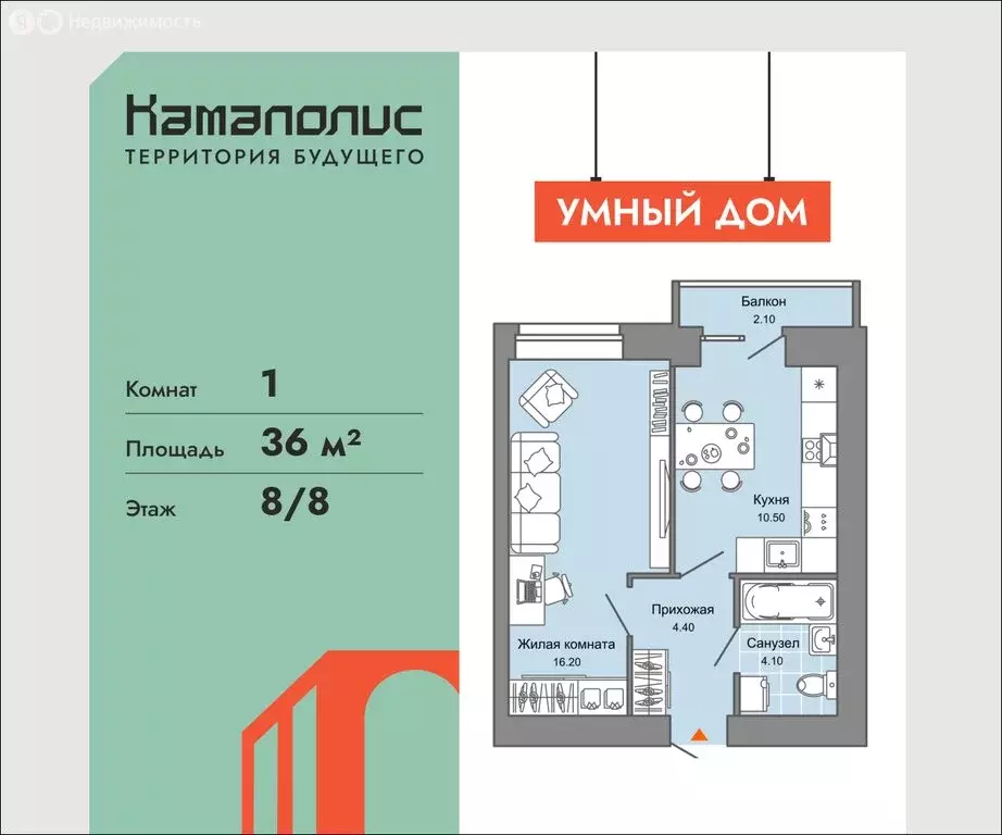 1-комнатная квартира: Пермь, микрорайон Заимка, ЖК Камаполис (36 м) - Фото 1