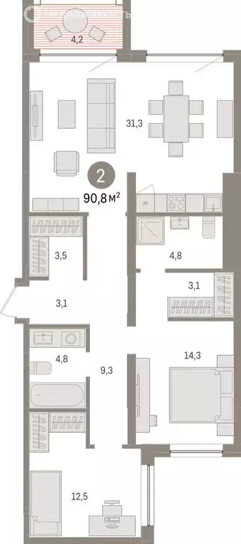 2-комнатная квартира: Тюмень, ЖК Дом у Озера (90.81 м) - Фото 1