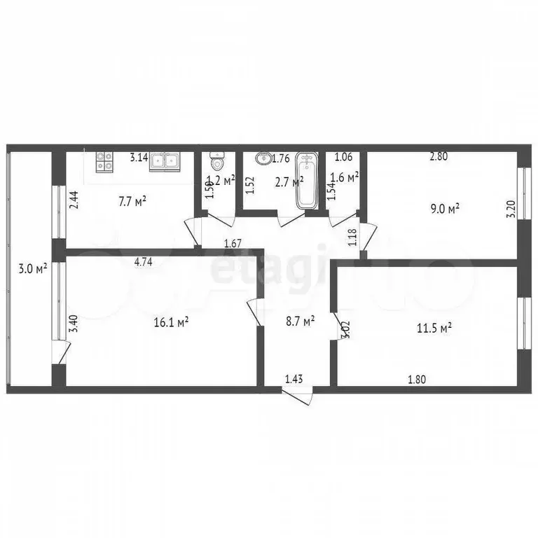 3-к. квартира, 61,5 м, 4/5 эт. - Фото 0