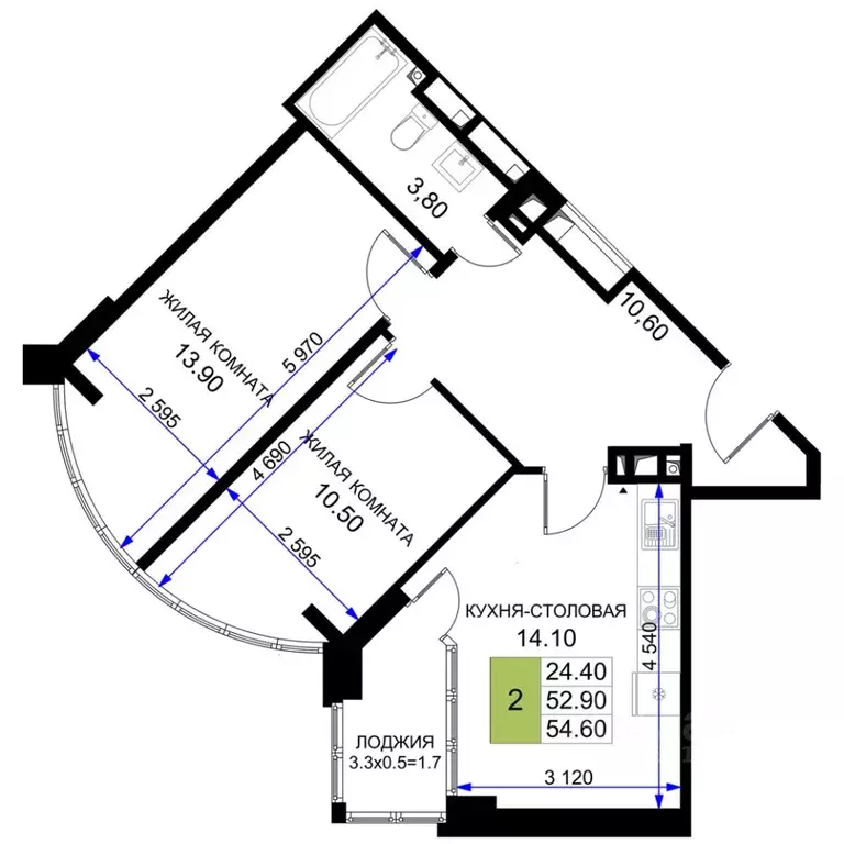 2-к кв. Краснодарский край, Анапа Песчаный жилой комплекс (58.95 м) - Фото 1