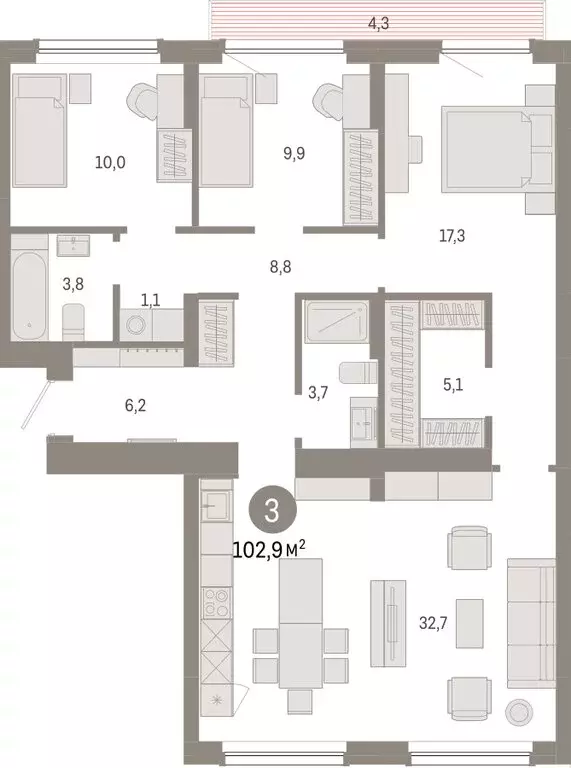3-комнатная квартира: Новосибирск, квартал Лебедевский (102.9 м) - Фото 0