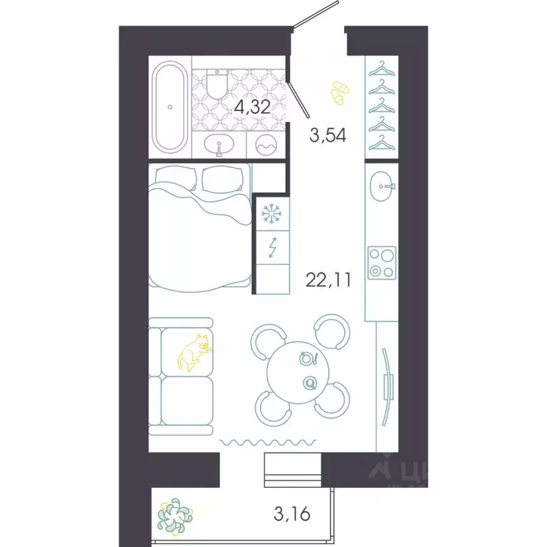 Студия Пензенская область, Пенза Колышлейская ул., 7 (32.15 м) - Фото 1