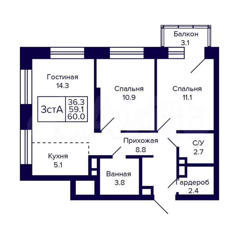 3-к. квартира, 60 м, 4/23 эт. - Фото 0