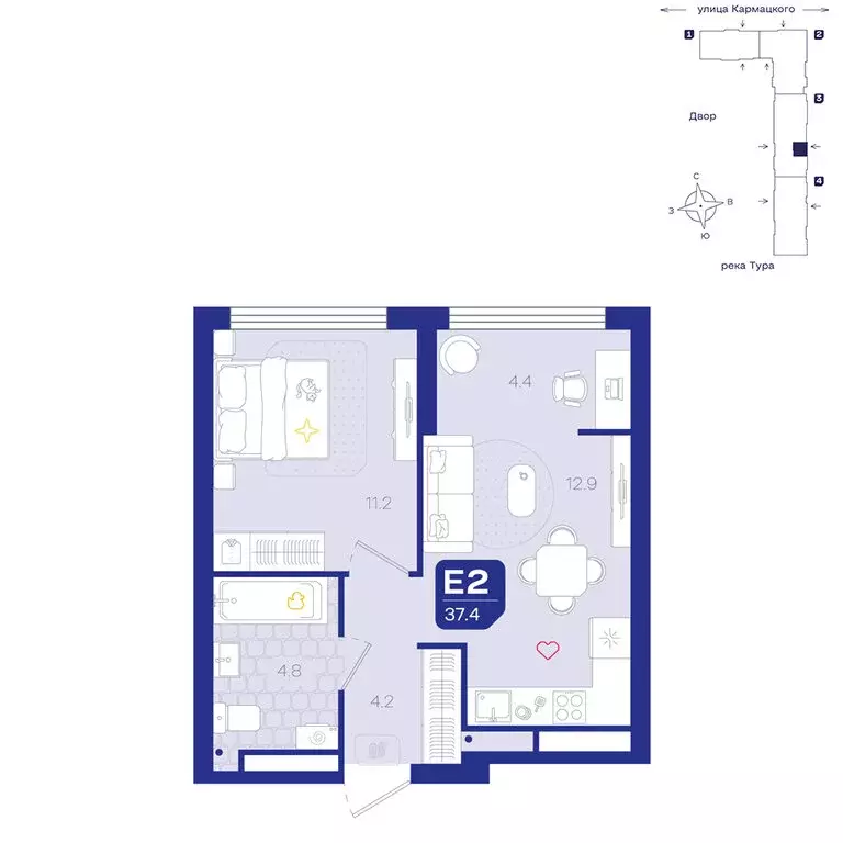 2-комнатная квартира: Тюмень, улица Евгения Войнова, 3 (37.5 м) - Фото 1