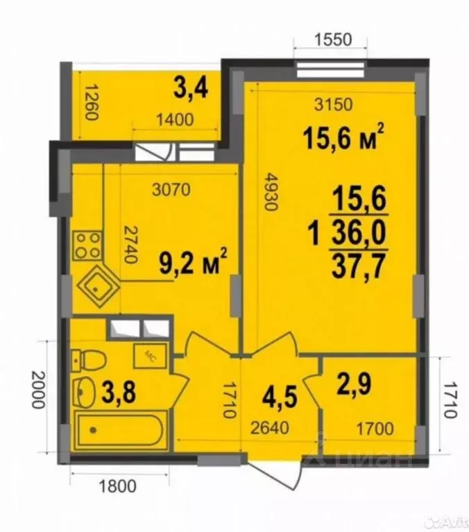1-к кв. Владимирская область, Владимир ул. Смоленская, 3 (37.7 м) - Фото 2